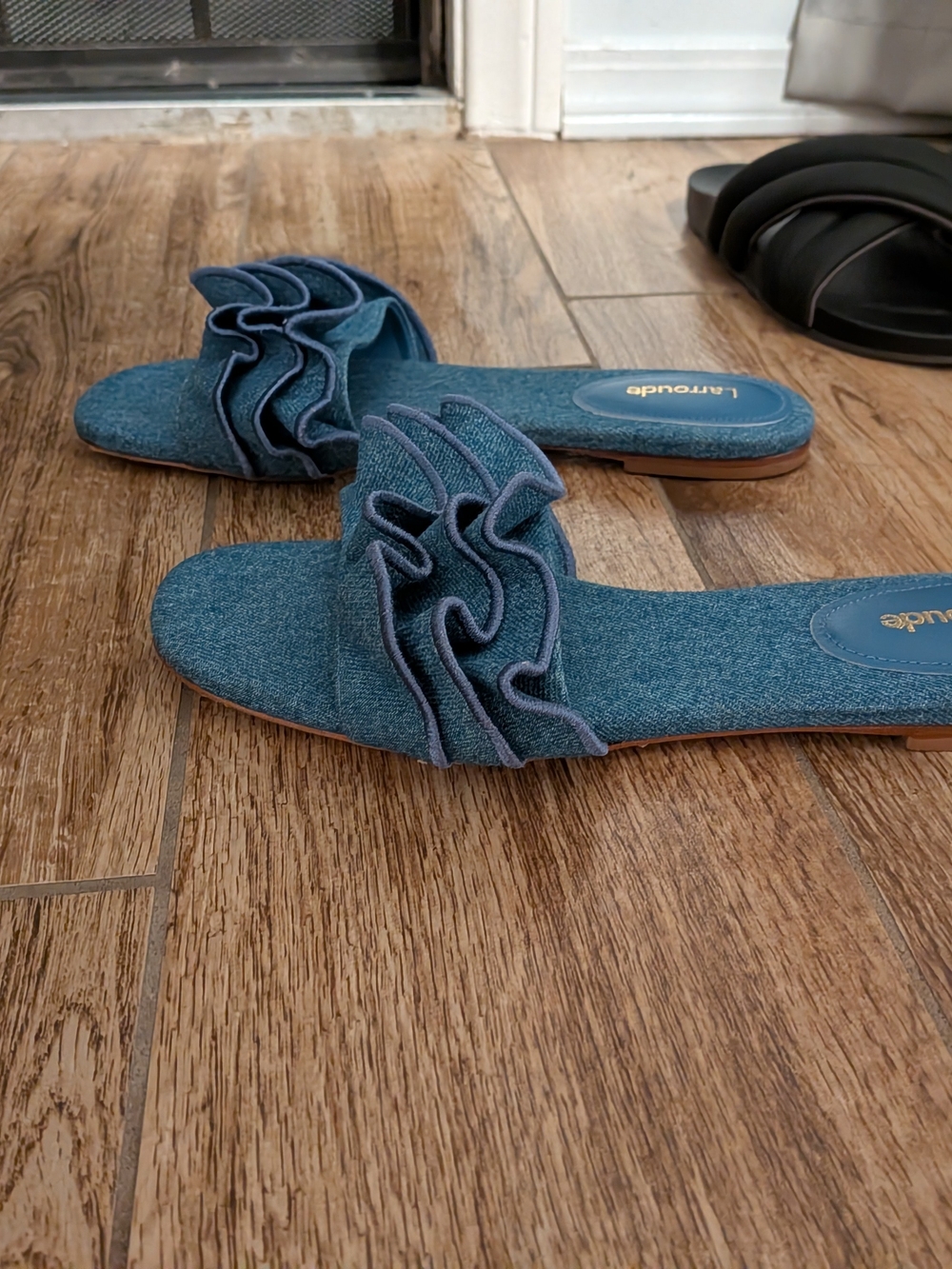 Larroude Denim Blue Ruffle Slide Mules